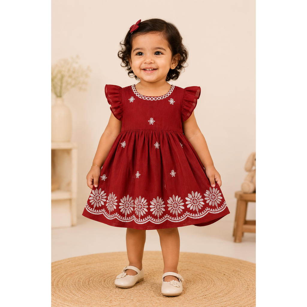 Boon Kids Girls Maroon Floral Embroidered Ruffle Sleeve Dress (0-2 Years)