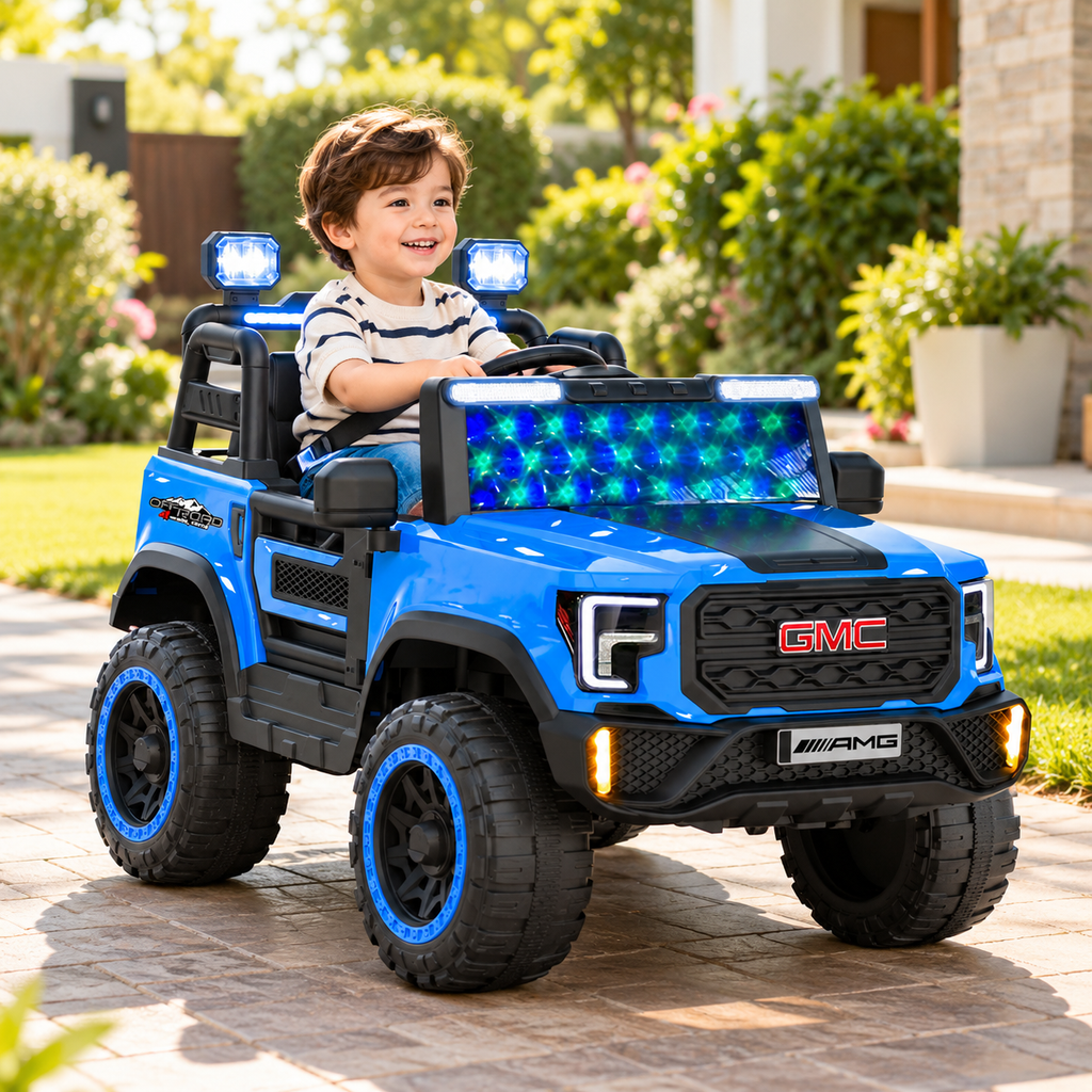 Blue kids ride-on electric jeep with LED light bar; child smiling while driving