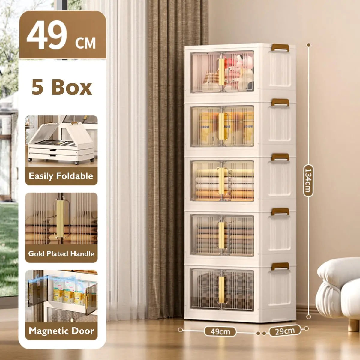 Ovya 5 Tier Cupboard for Storage DIY Foldable Cupboard with Door, Caster & Wheels | Kids Wardrobe for Clothes Collapsible Racks for Home Office Bedroom (L 49 X B 29 X H 134 Cm)