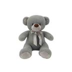 Gray teddy bear plush with a white ribbon and pale paw pads.