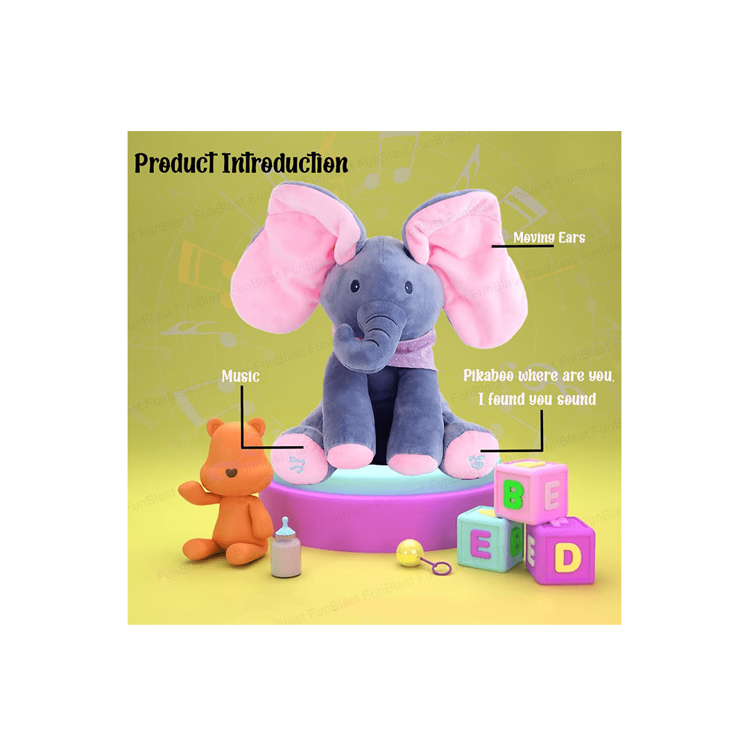 Baybee Toys Burani Toys Singing Elephant Toy For Kids, Baby And Toddlers - Cute And Soft Peek-A-Boo Plush Animal With Moving Ears For Kids (1 Year+)