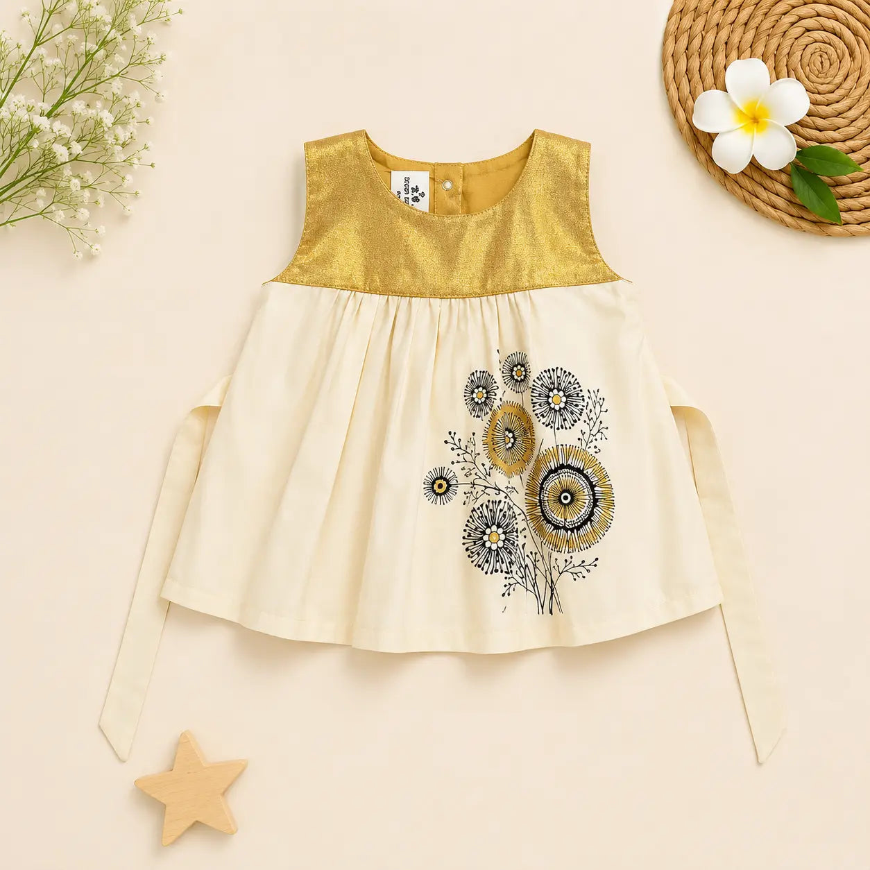Boon Kids Baby Girls Yellow Gold & Gold Floral Print Party Dress