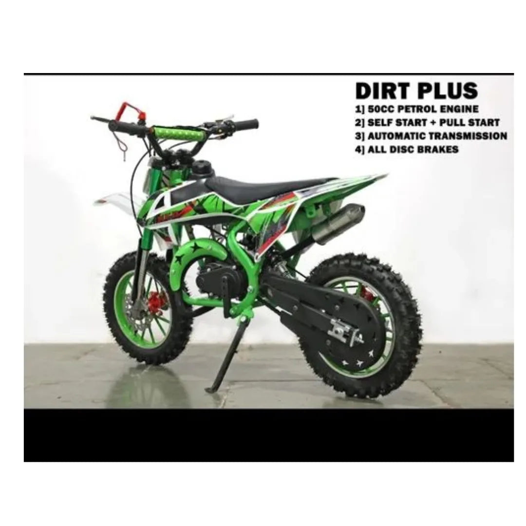 Kids mini dirt bike in green and white with black seat and knobby tires