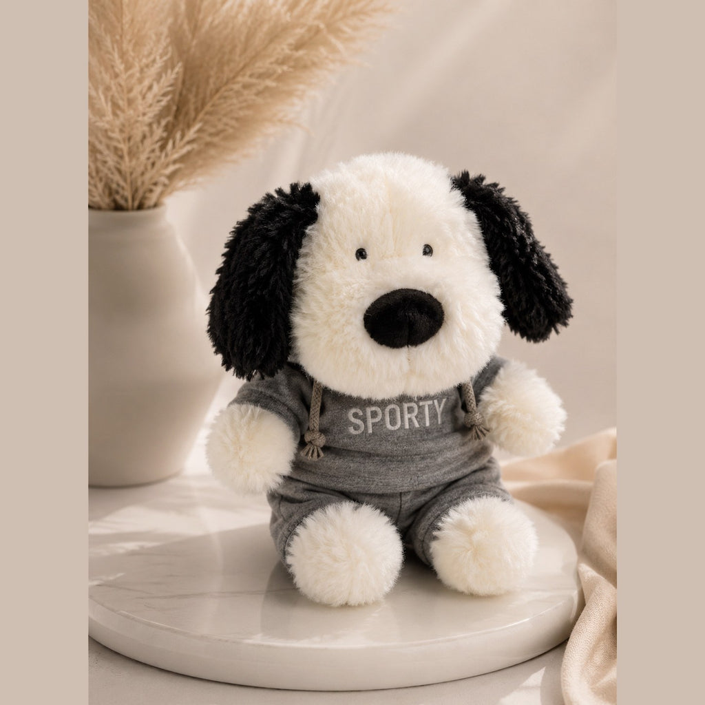 Cute Puppy Plush Toy in Grey Sportswear | Soft Stuffed Dog Toy for Kids