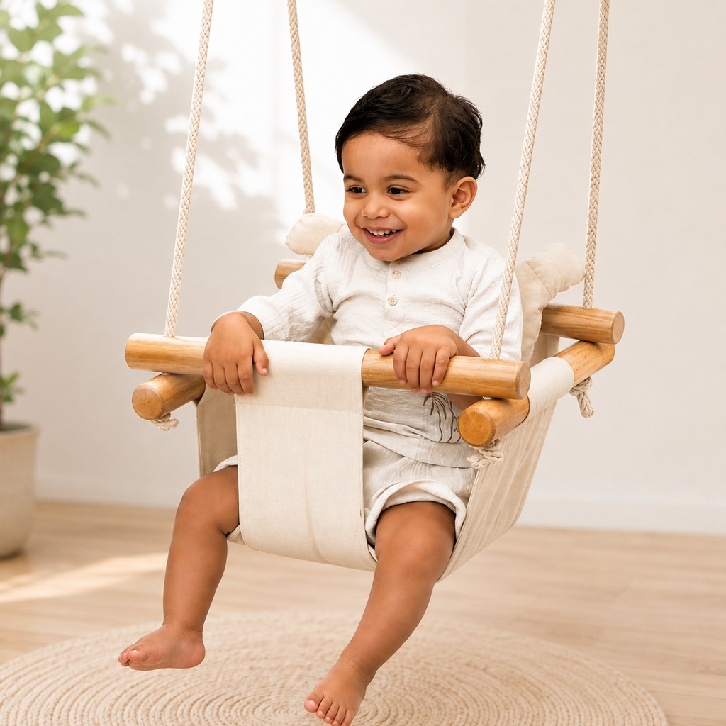 Magic Lamps Wooden Baby Hanging Swing with Cushioned Fabric Seat (0-3 Years)
