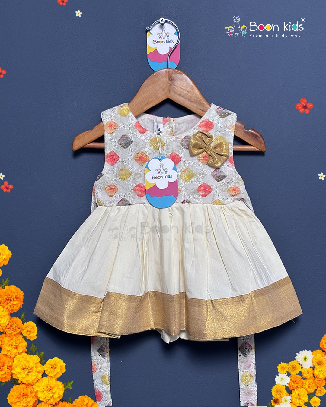 Girls Cream & Gold Traditional Sleeveless Frock 1-4 Years