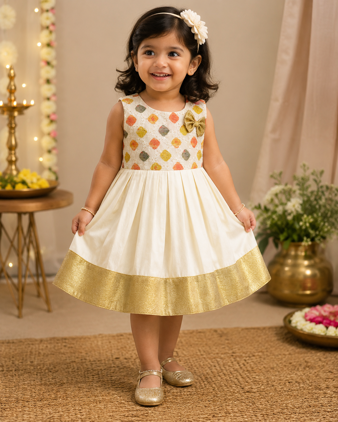 Girls Cream & Gold Traditional Sleeveless Frock 1-4 Years