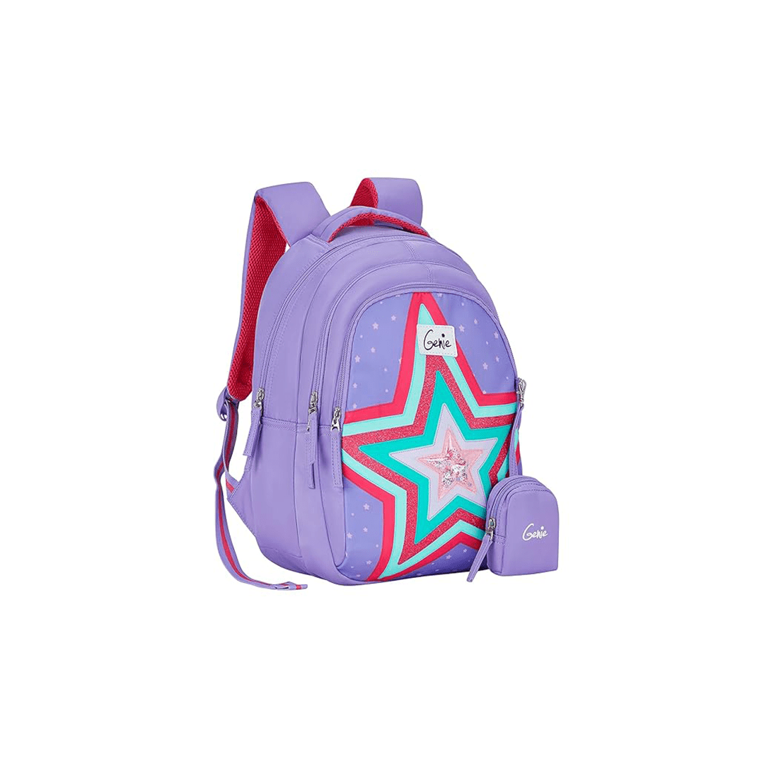 Genie Toys Lavender Genie Popstar Small Backpack for Kids,15 In-20 Ltr with Three Compartments,Side Pockets and Light Weight with Padded Shoulders