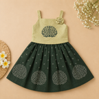 Boon Kids Girls Embroidered Tree Motif Top & Printed Flared Skirt Set – Green & Beige For Girls Traditional Wear(1-6 Years)