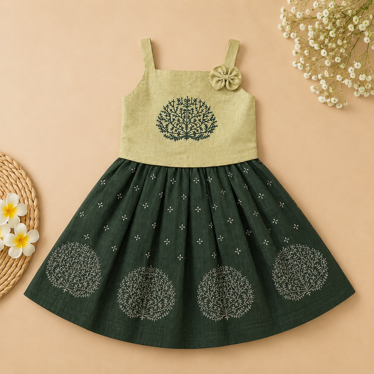 Boon Kids Girls Embroidered Tree Motif Top & Printed Flared Skirt Set – Green & Beige For Girls Traditional Wear(1-6 Years)