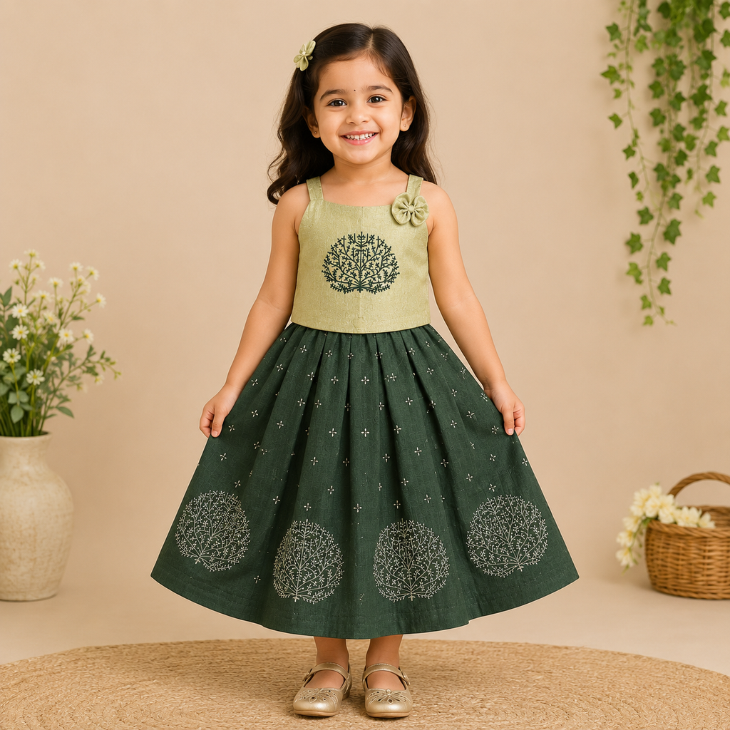 Boon Kids Girls Embroidered Tree Motif Top & Printed Flared Skirt Set – Green & Beige For Girls Traditional Wear(1-6 Years)