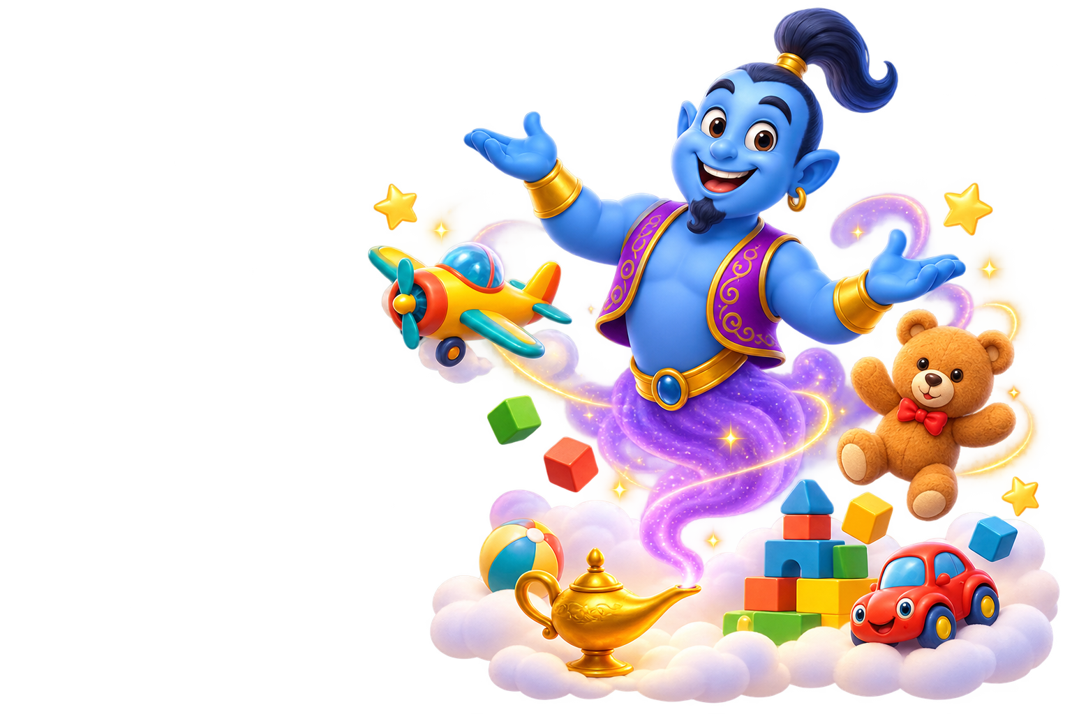 A magical lamp floating among playful toys