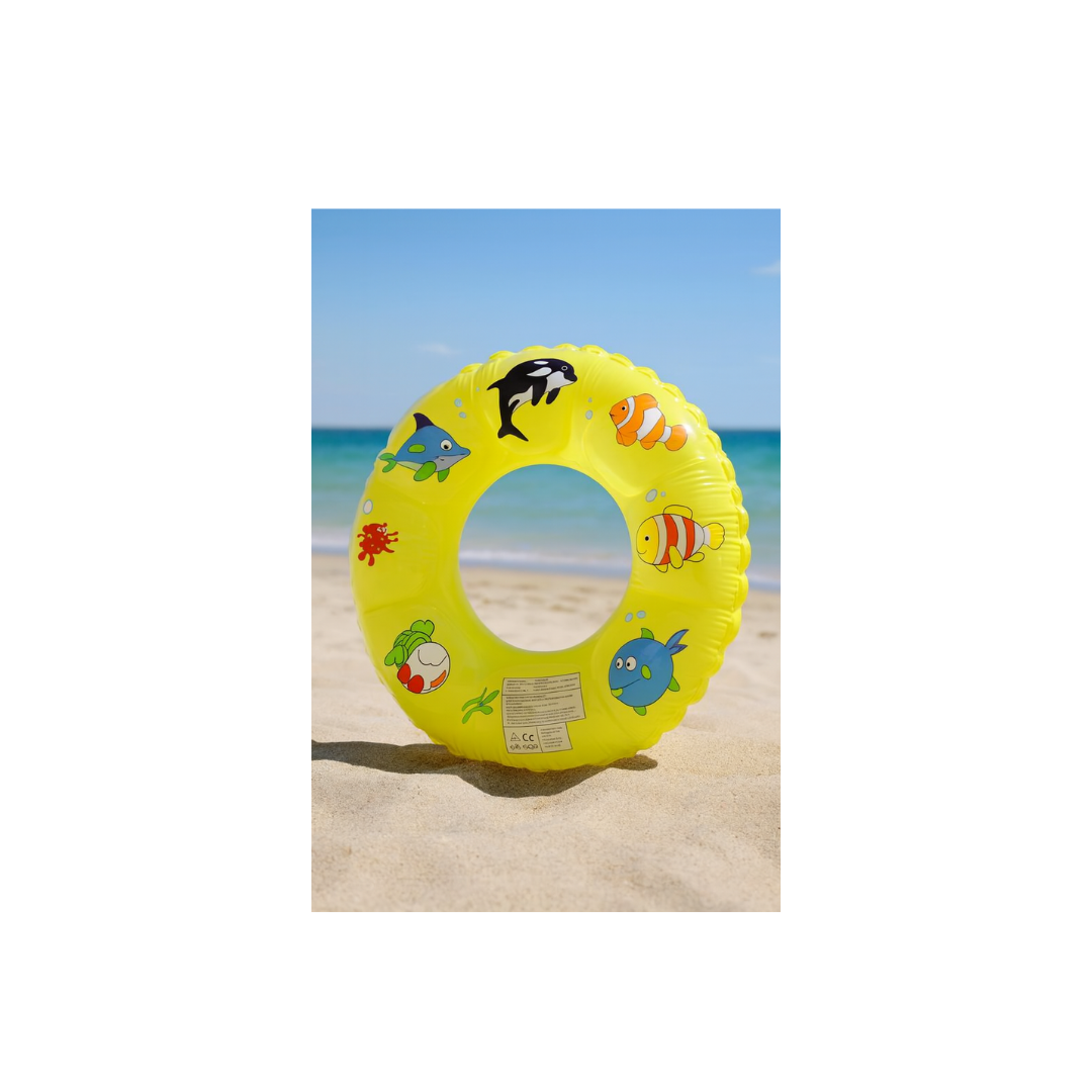Yellow inflatable ring with animal designs on a beach