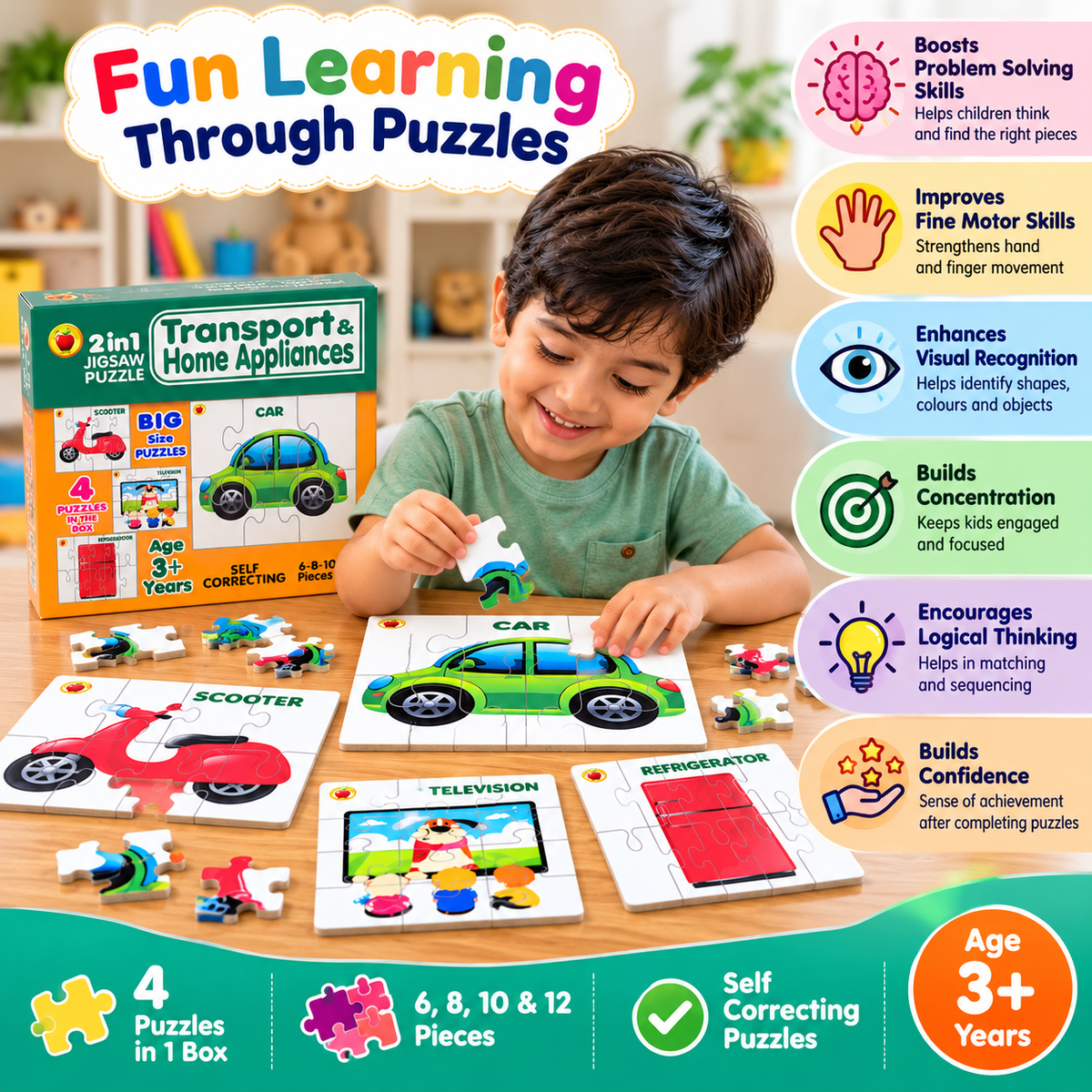 Kids 2 in 1 Jigsaw Puzzle, Problem solving, Brain Development Educational Puzzle for Kids (3 Years+)
