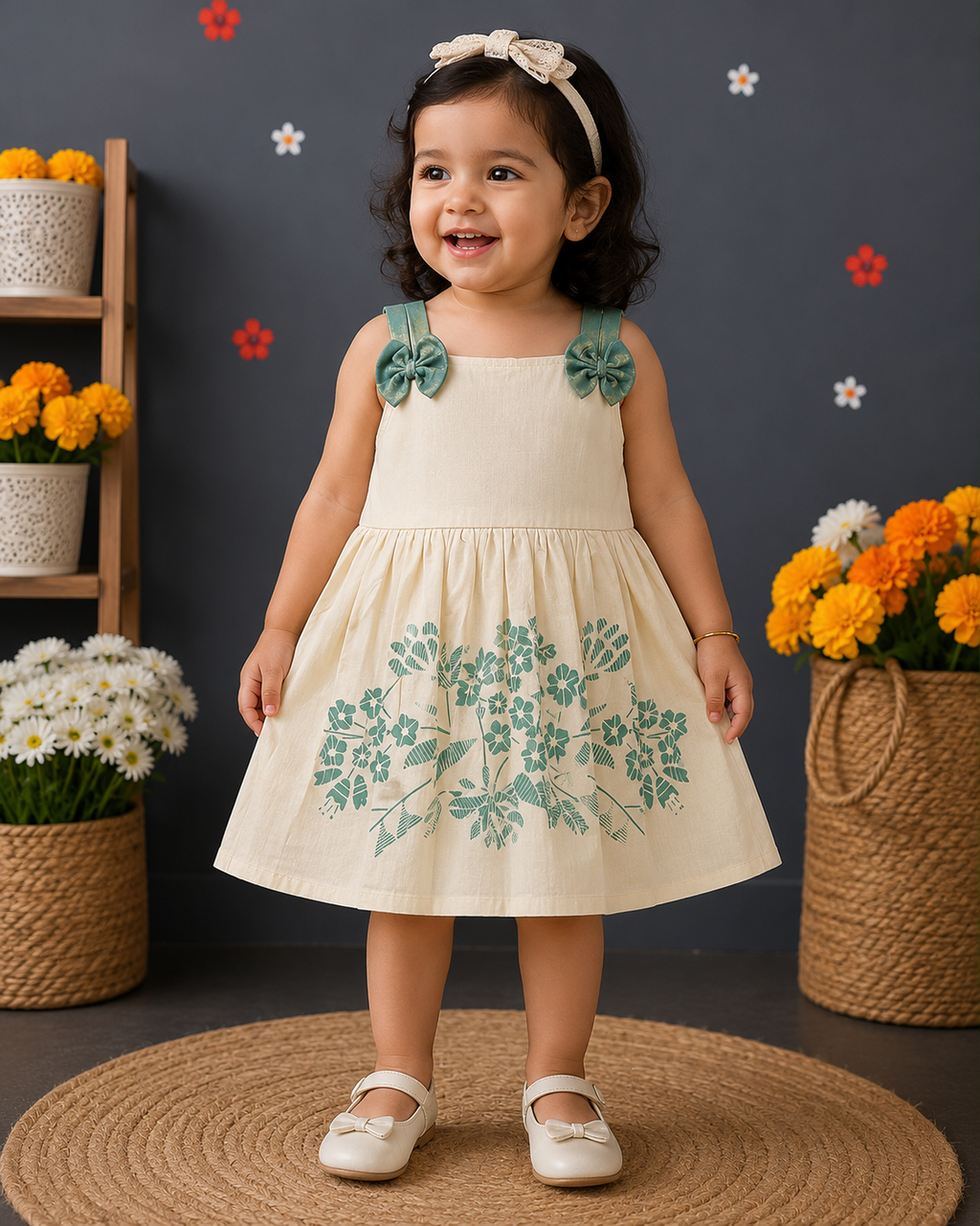 Boon Kids Girls Floral Print Bow Strap Flared Dress (1-5 Years)