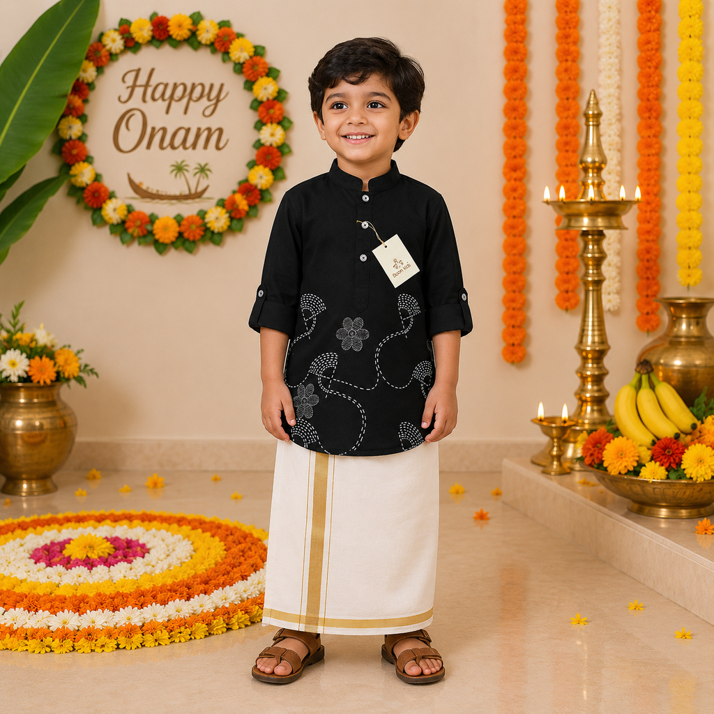 Boon Kids Boys Premium Navy Blue & Black Printed Ethnic Kurta (1-5 Years)