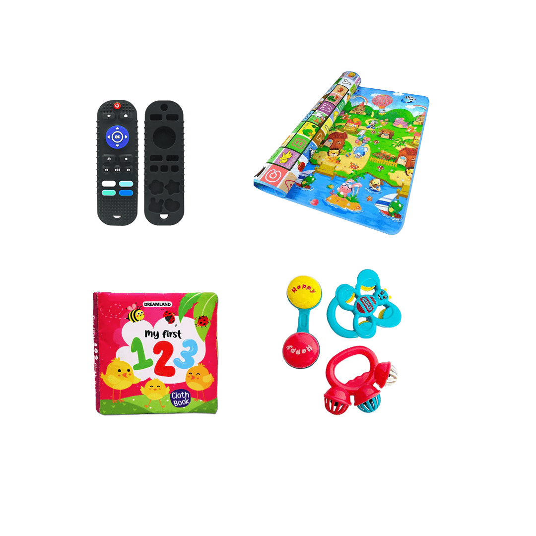 The Magic Lamps Toys Baby Discover and Play Set (Fruit Card, 3 pcs Rattle, Double Side playmat, Remote Teether, My first Cloth Book) For Babies