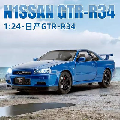 TOYMALL Nissan Skyline GTR-R34 Diecast Models Alloy Diecast Toy Car Model Sound Light Pull Back Car Toy for Kids (Blue)