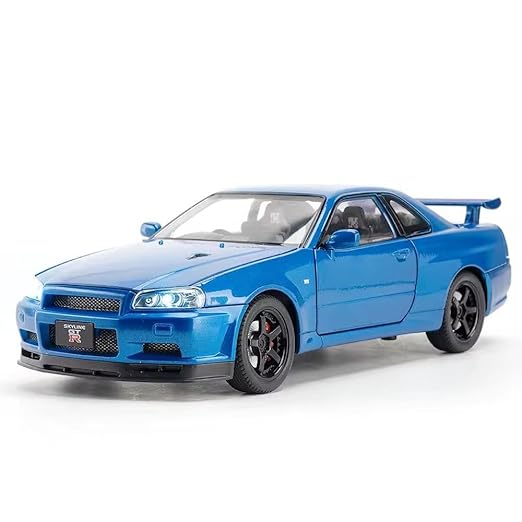 TOYMALL Nissan Skyline GTR-R34 Diecast Models Alloy Diecast Toy Car Model Sound Light Pull Back Car Toy for Kids (Blue)