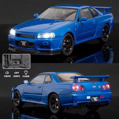 TOYMALL Nissan Skyline GTR-R34 Diecast Models Alloy Diecast Toy Car Model Sound Light Pull Back Car Toy for Kids (Blue)