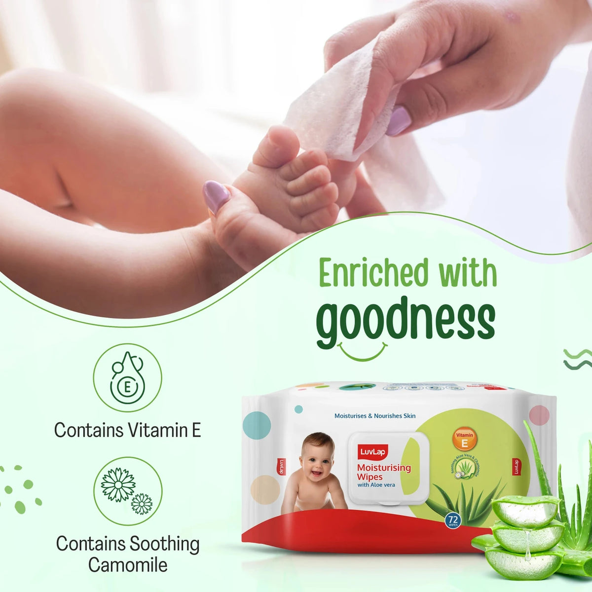 LuvLap Aloe Vera & Chamomile Baby Wipes, 72 Wipes with Lid | Alcohol-Free, Paraben-Free & Vitamin E Enriched