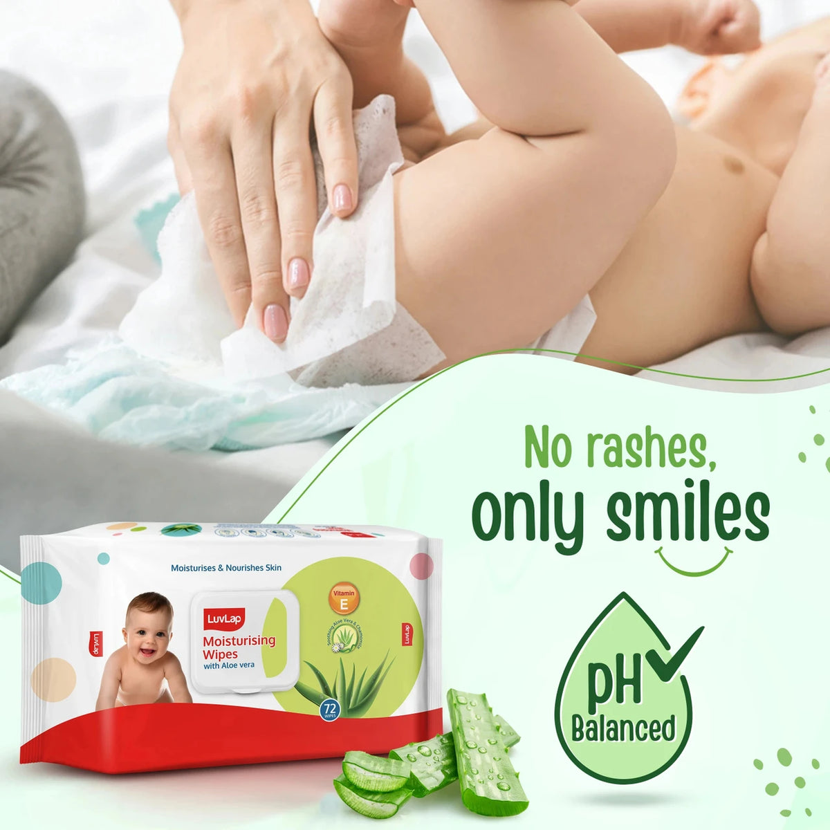 LuvLap Aloe Vera & Chamomile Baby Wipes, 72 Wipes with Lid | Alcohol-Free, Paraben-Free & Vitamin E Enriched