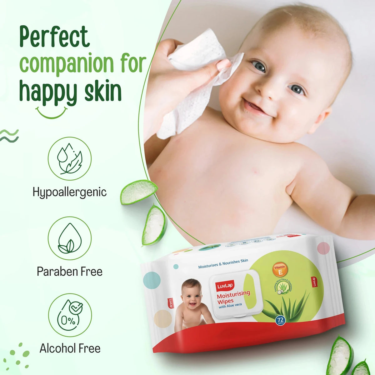 LuvLap Aloe Vera & Chamomile Baby Wipes, 72 Wipes with Lid | Alcohol-Free, Paraben-Free & Vitamin E Enriched
