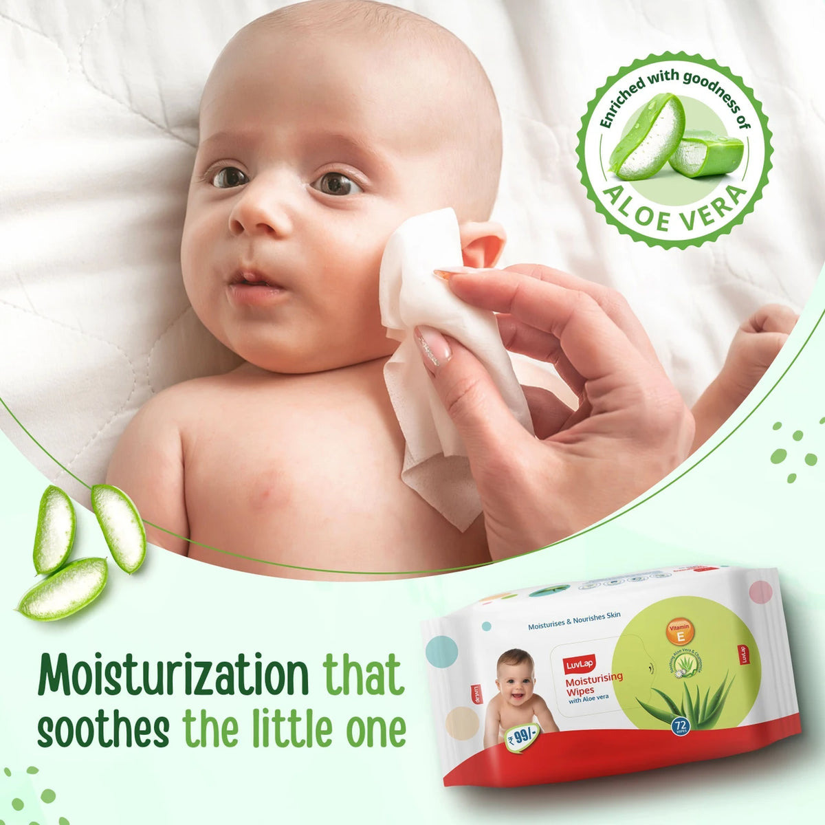 LuvLap Aloe Vera & Chamomile Baby Wipes, 72 Wipes without Lid | Alcohol-Free, Paraben-Free & Vitamin E Enriched