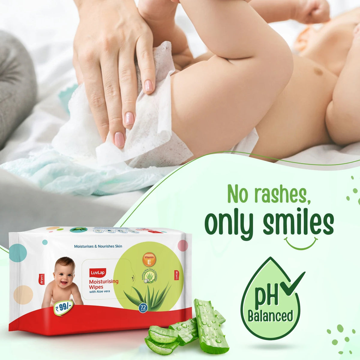 LuvLap Aloe Vera & Chamomile Baby Wipes, 72 Wipes without Lid | Alcohol-Free, Paraben-Free & Vitamin E Enriched