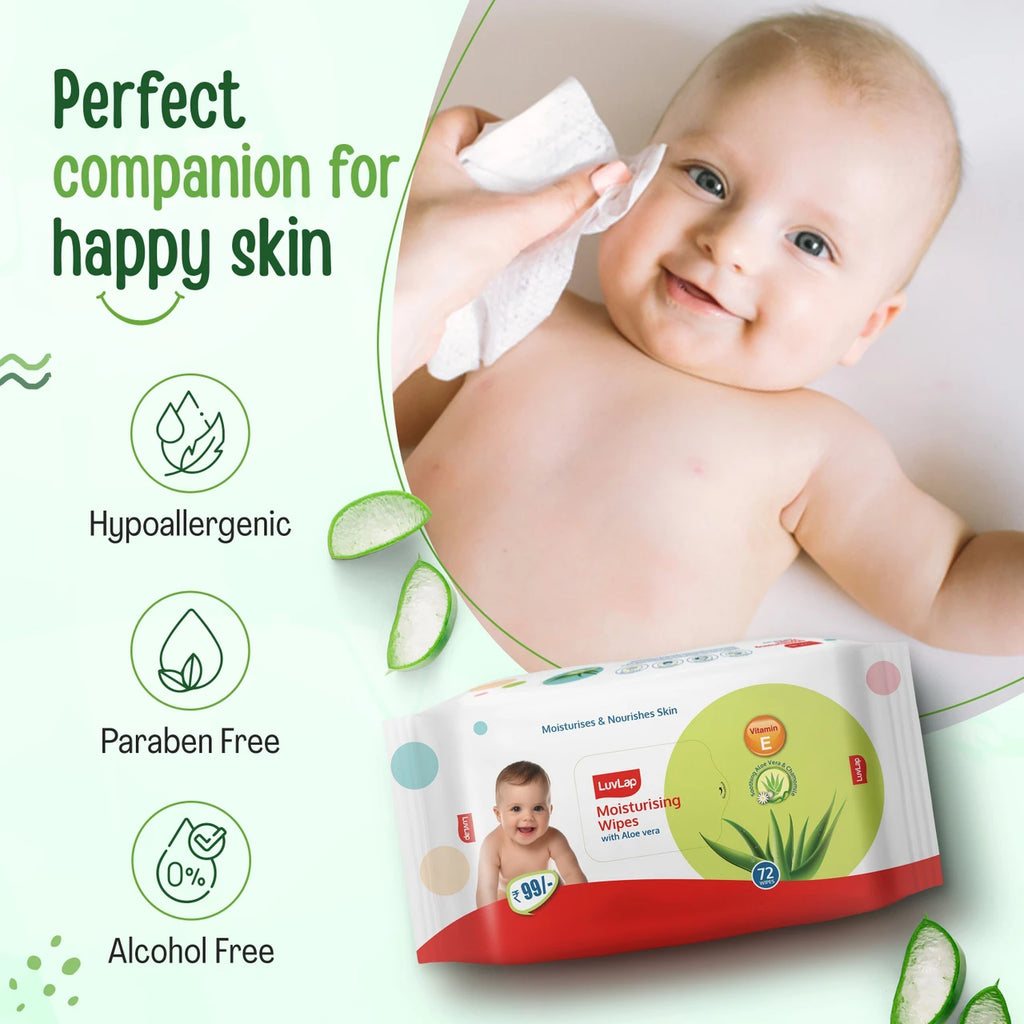 LuvLap Aloe Vera & Chamomile Baby Wipes, 72 Wipes without Lid | Alcohol-Free, Paraben-Free & Vitamin E Enriched