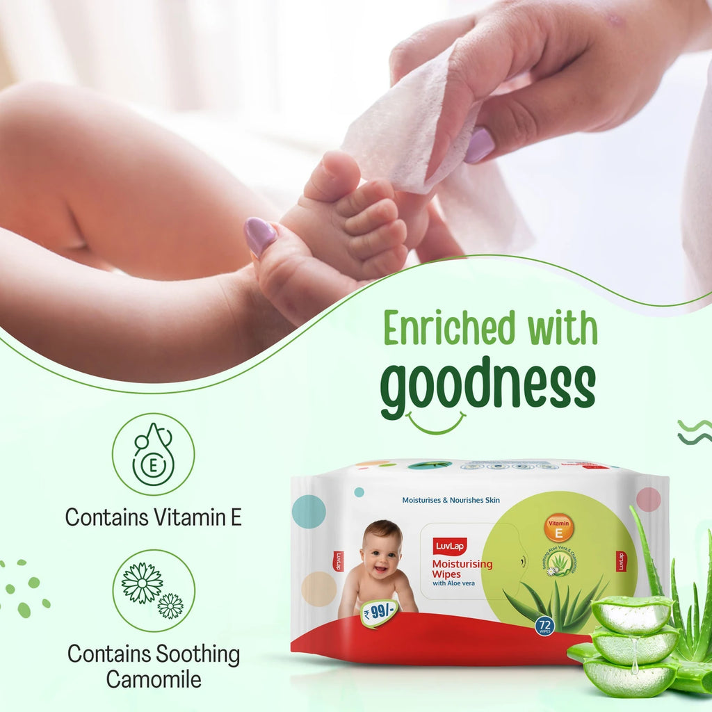 LuvLap Aloe Vera & Chamomile Baby Wipes, 72 Wipes without Lid | Alcohol-Free, Paraben-Free & Vitamin E Enriched