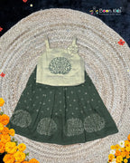 Boon Kids Girls Embroidered Tree Motif Top & Printed Flared Skirt Set – Green & Beige For Girls Traditional Wear(1-6 Years)