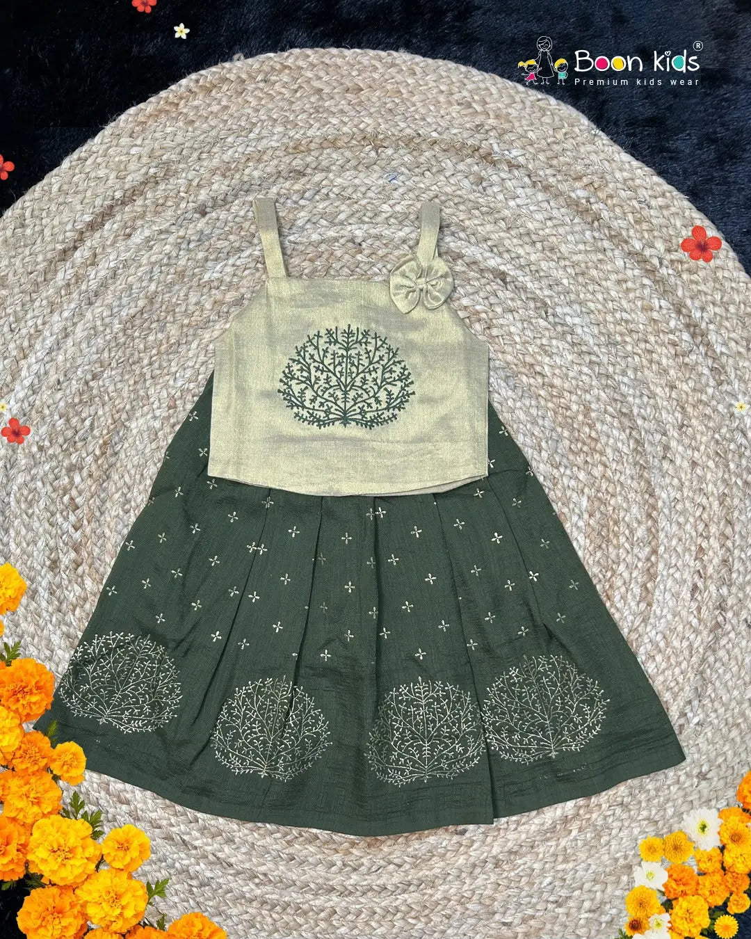 Boon Kids Girls Embroidered Tree Motif Top & Printed Flared Skirt Set – Green & Beige For Girls Traditional Wear(1-6 Years)