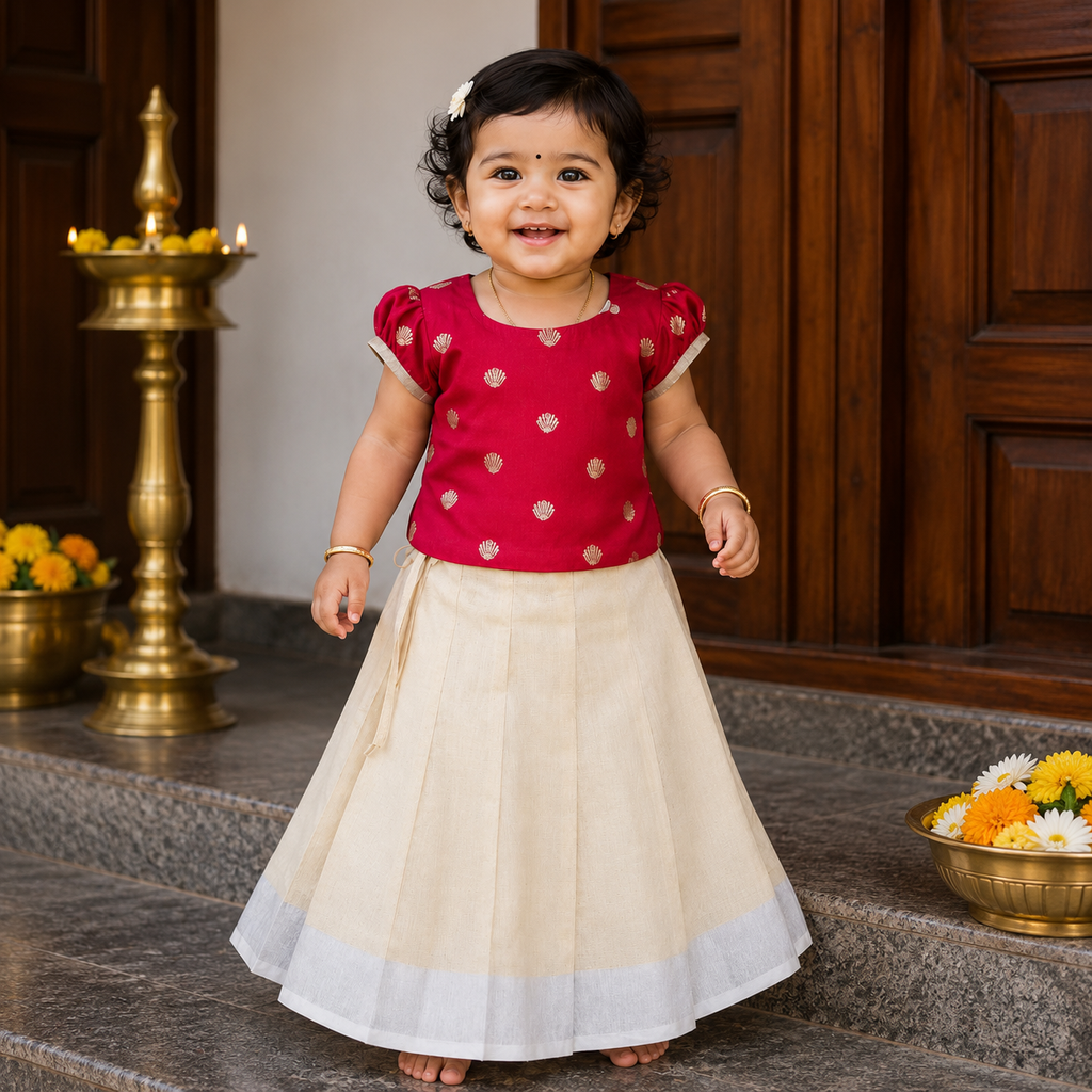 Boon Kids Girls Pattu Pavada & Skirt Set,Traditional Festive Wear (1-5 Years)