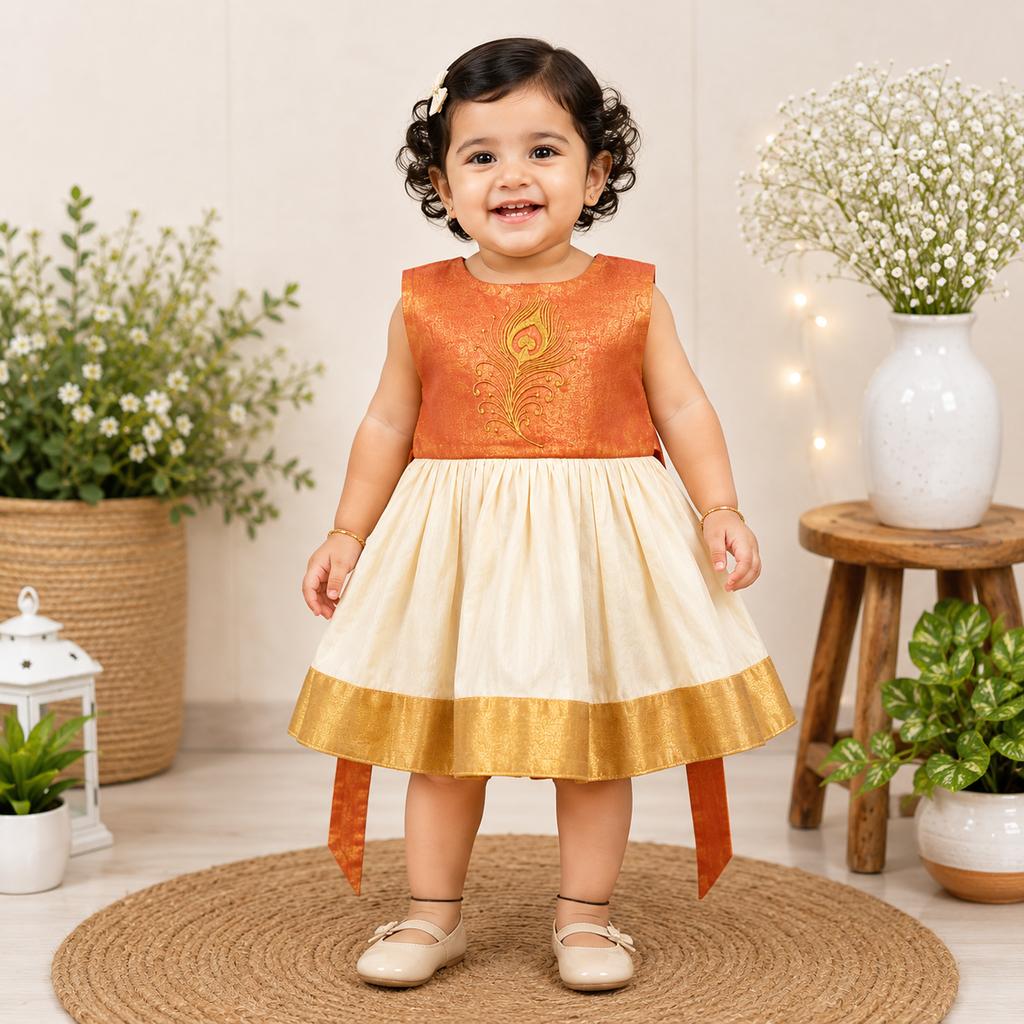 Boon Kids Girls Peacock Embroidered Traditional Party Dress