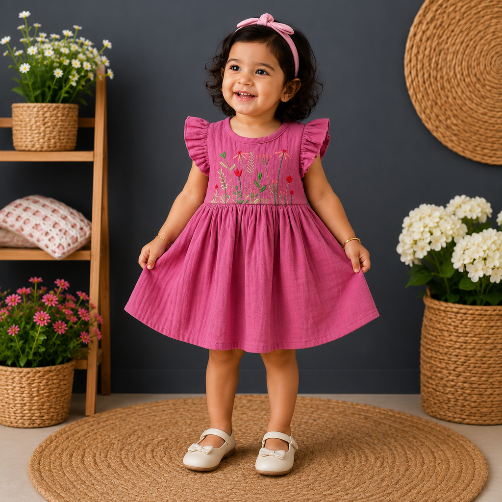 Boon Kids Girls Floral Embroidered Ruffle Sleeve Flared Dress – Pink (0-2 Years)