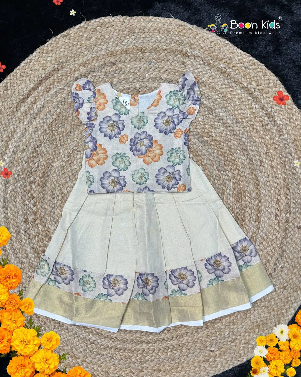 Boon Kids Floral Printed Pattu Pavada Set for Girls | Onam & Festive Wear (1-6 Years)