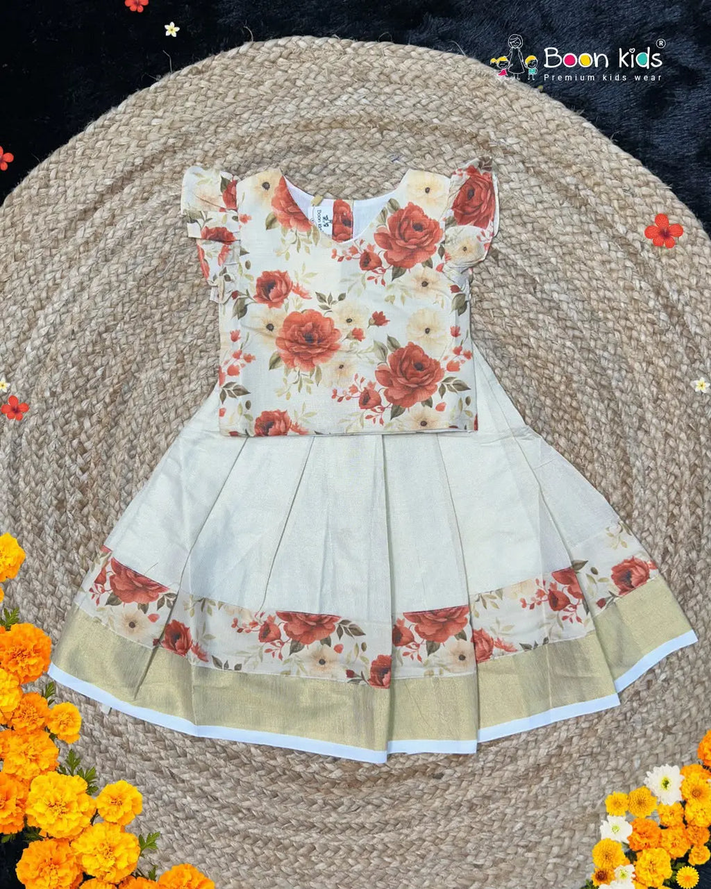 Boon Kids Floral Printed Pattu Pavada Set for Girls | Onam & Festive Wear (1-6 Years)