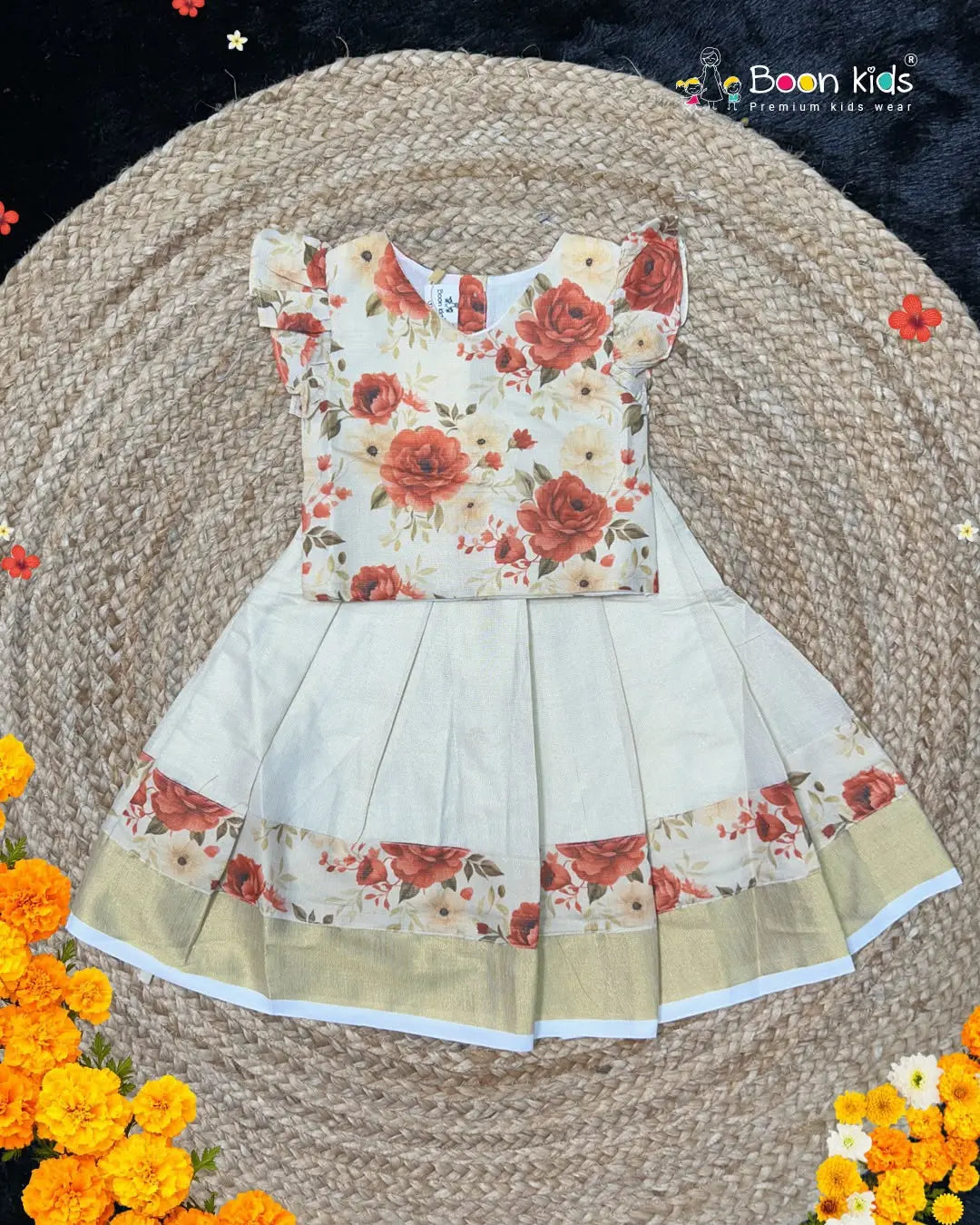 Boon Kids Floral Printed Pattu Pavada Set for Girls | Onam & Festive Wear (1-6 Years)