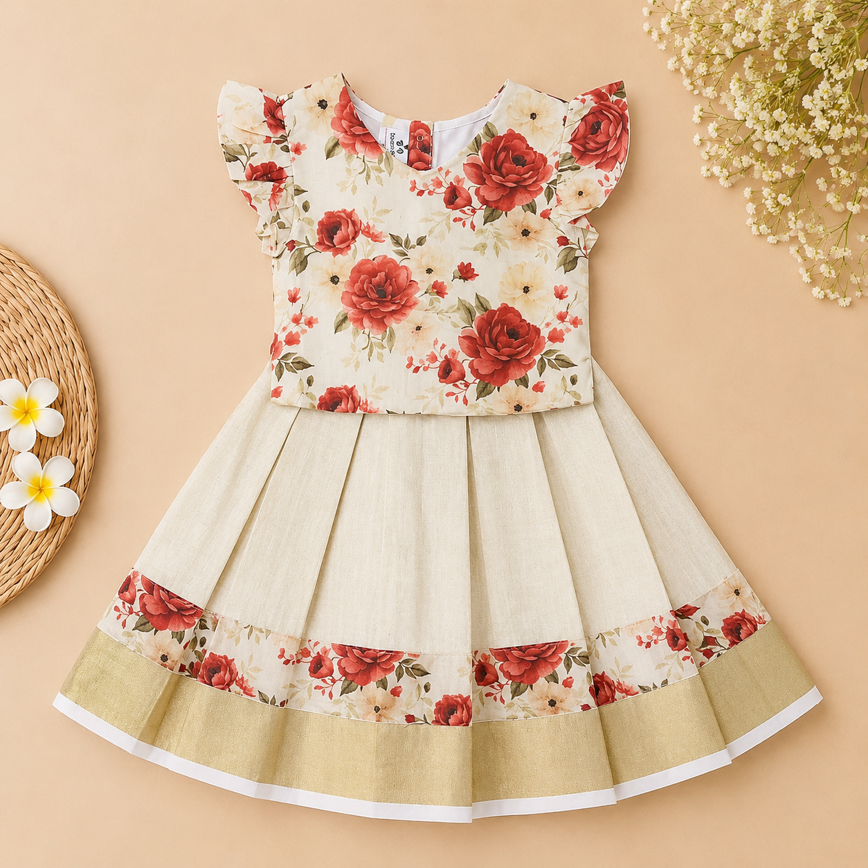 Boon Kids Floral Printed Pattu Pavada Set for Girls | Onam & Festive Wear (1-6 Years)