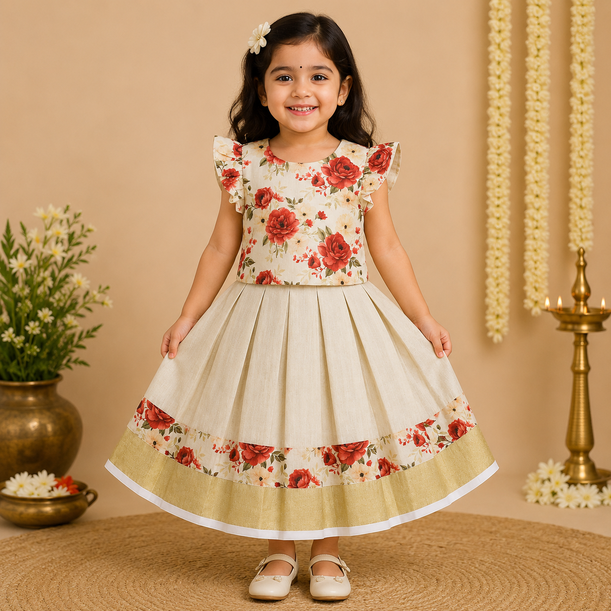 Boon Kids Floral Printed Pattu Pavada Set for Girls | Onam & Festive Wear (1-6 Years)