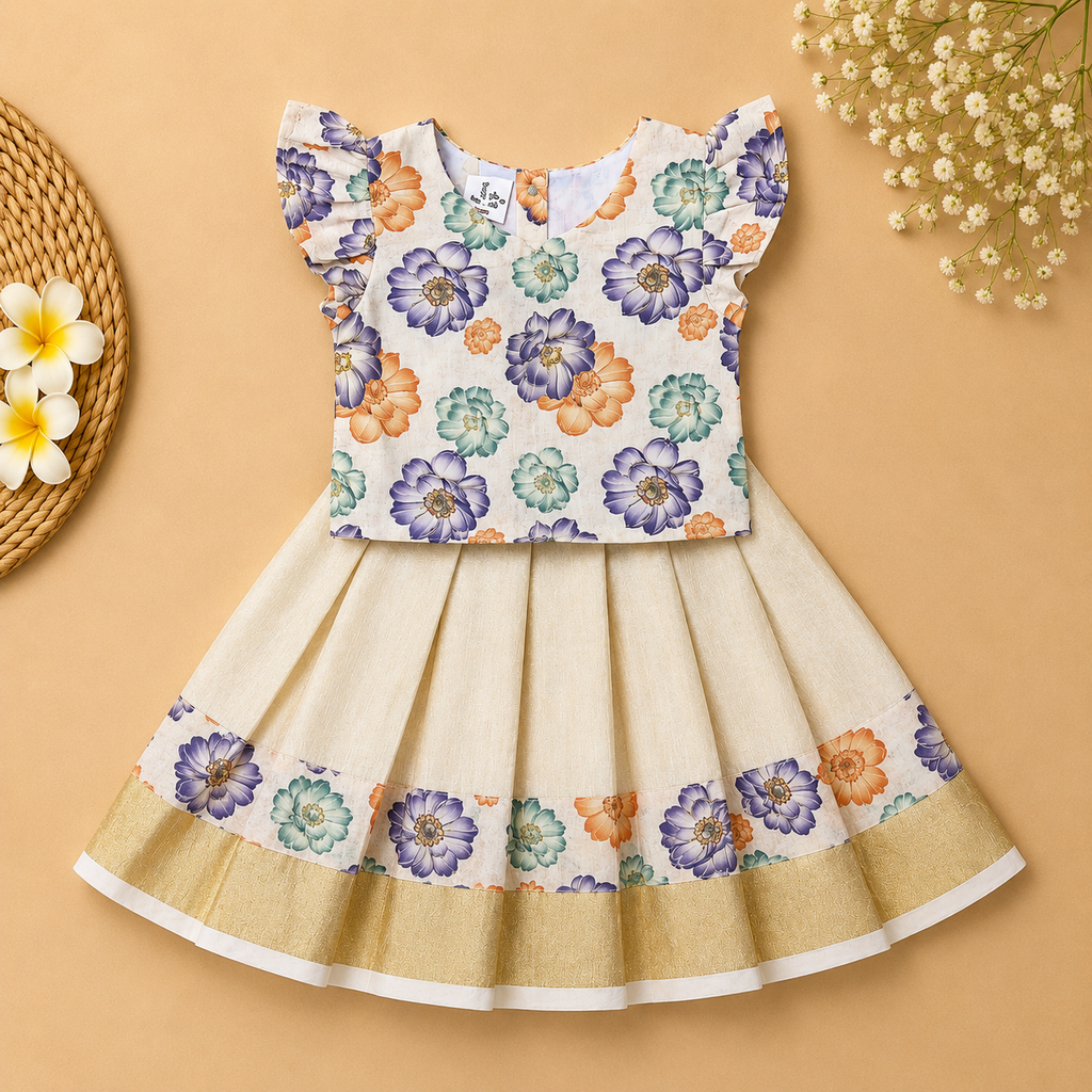 Boon Kids Floral Printed Pattu Pavada Set for Girls | Onam & Festive Wear (1-6 Years)