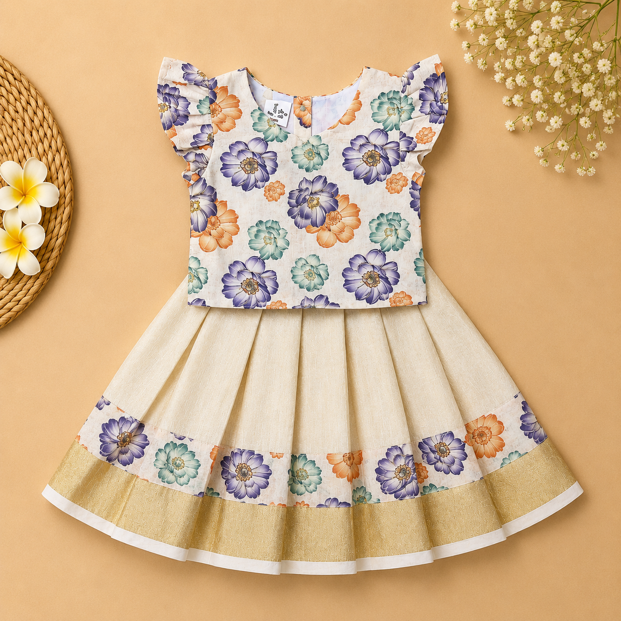Boon Kids Floral Printed Pattu Pavada Set for Girls | Onam & Festive Wear (1-6 Years)