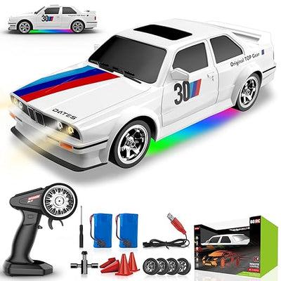 Remote Control Cars 1:16 Scale RC Drift Car 2.4Ghz 30KM/H High Speed 4WD RTR Racing Car with Drift Tires LED Lights 2PCS Rechargeable Batteries RC Sport Cars Toys for Adults Kids Gift,White