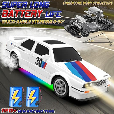 Remote Control Cars 1:16 Scale RC Drift Car 2.4Ghz 30KM/H High Speed 4WD RTR Racing Car with Drift Tires LED Lights 2PCS Rechargeable Batteries RC Sport Cars Toys for Adults Kids Gift,White