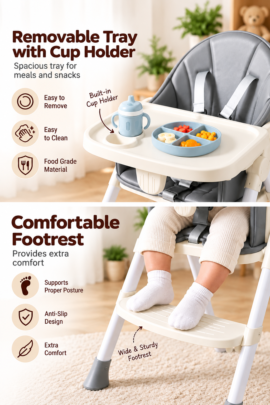 Baybee Kids High Chair with Padded Seat Removable Feeding Tray, Cup Holder & Footrest (6 Months+)