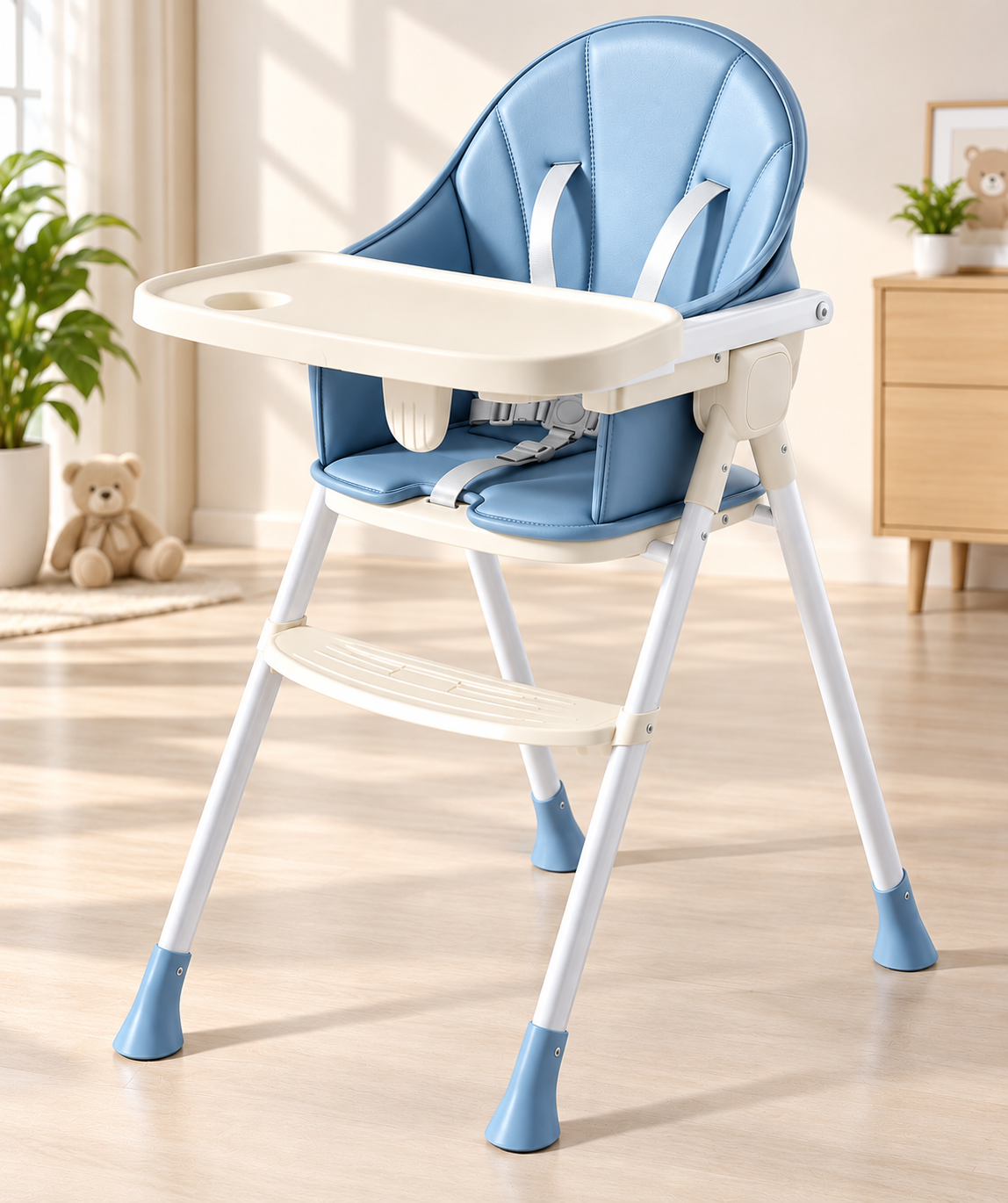 Kids high chair with padded blue seat, safety straps, and removable feeding tray