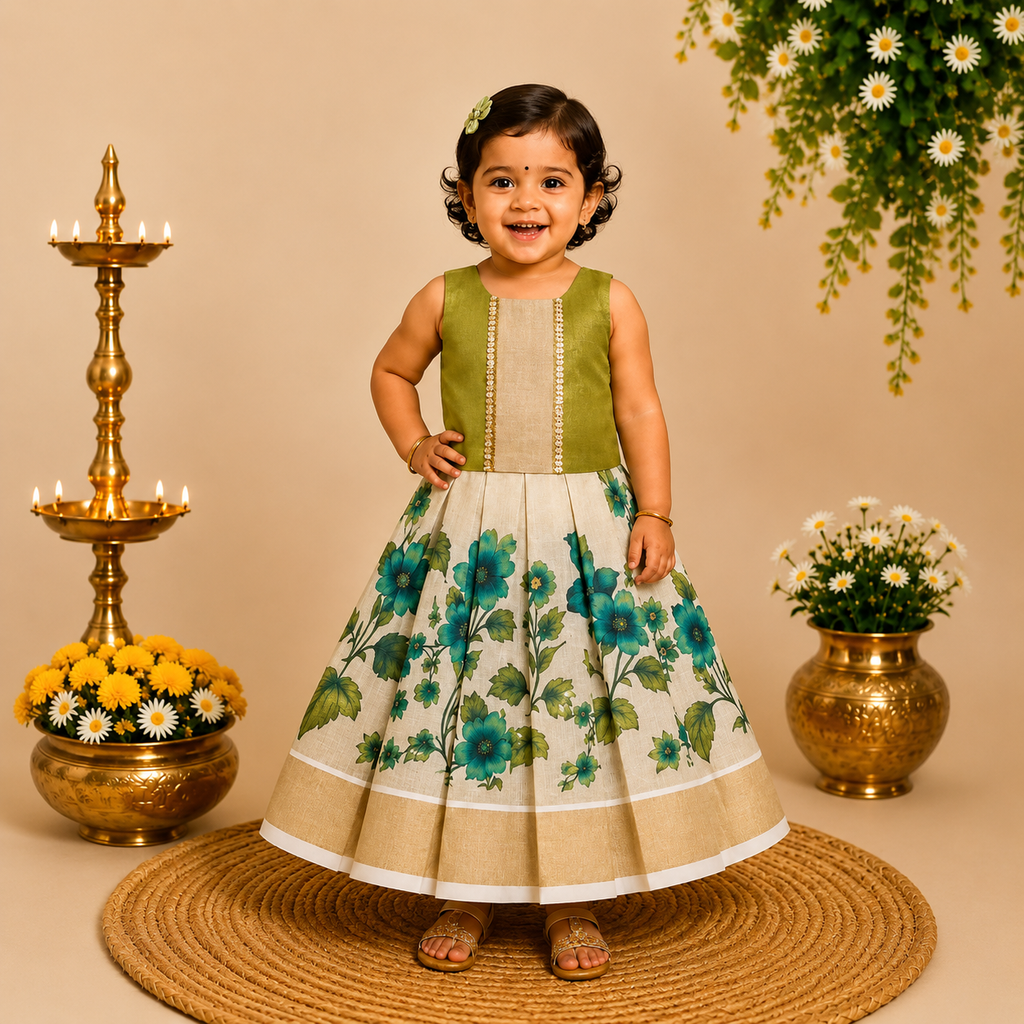 Boon Kids Floral Printed Pattu Pavada & Set for Girls Traditional Onam & Festive Wear(1-6 Years)