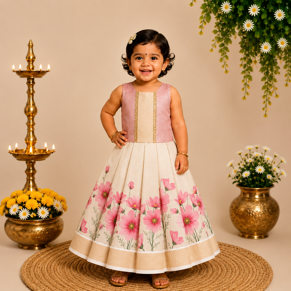 Boon Kids Floral Printed Pattu Pavada & Set for Girls Traditional Onam & Festive Wear(1-6 Years)