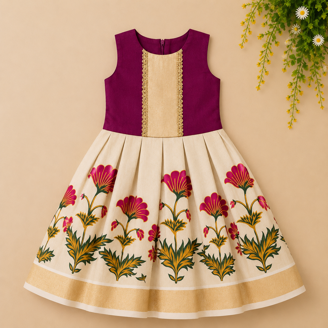 Boon Kids Floral Printed Pattu Pavada & Set for Girls Traditional Onam & Festive Wear(1-6 Years)